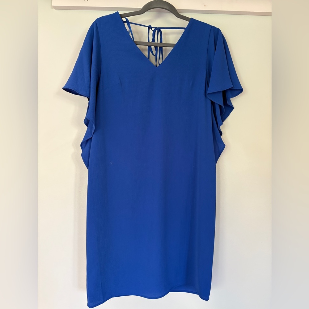 Eliza J Blue Ruffled Sheath Dress with Flutter Sleeves